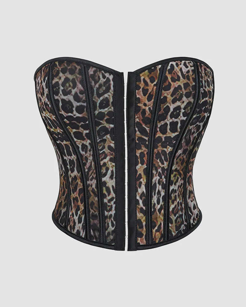1960s 14 Boned Cotton Leopard Single Breasted Corset