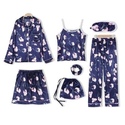 7 Pieces Womens Silk Satin Pajamas Sets Pyjamas Set Sleepwear Pijama Pajamas Suit Female Sleep Two Piece Set Loungewear