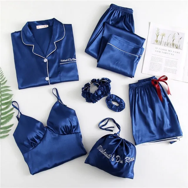 7 Pieces Womens Silk Satin Pajamas Sets Pyjamas Set Sleepwear Pijama Pajamas Suit Female Sleep Two Piece Set Loungewear