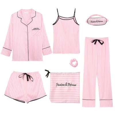 7 Pieces Womens Silk Satin Pajamas Sets Pyjamas Set Sleepwear Pijama Pajamas Suit Female Sleep Two Piece Set Loungewear