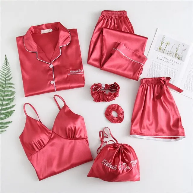 7 Pieces Womens Silk Satin Pajamas Sets Pyjamas Set Sleepwear Pijama Pajamas Suit Female Sleep Two Piece Set Loungewear