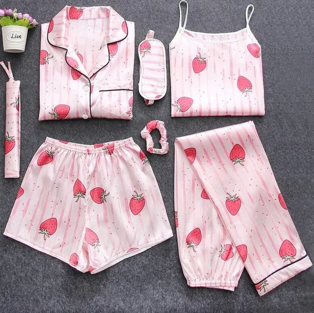 7 Pieces Womens Silk Satin Pajamas Sets Pyjamas Set Sleepwear Pijama Pajamas Suit Female Sleep Two Piece Set Loungewear