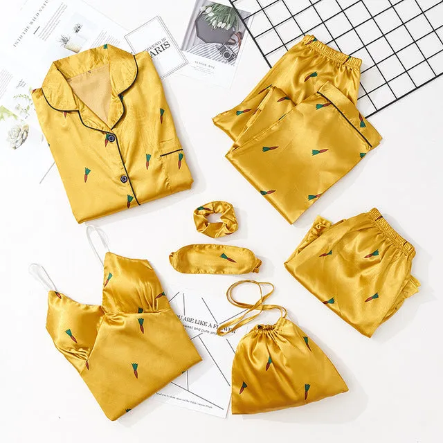 7 Pieces Womens Silk Satin Pajamas Sets Pyjamas Set Sleepwear Pijama Pajamas Suit Female Sleep Two Piece Set Loungewear