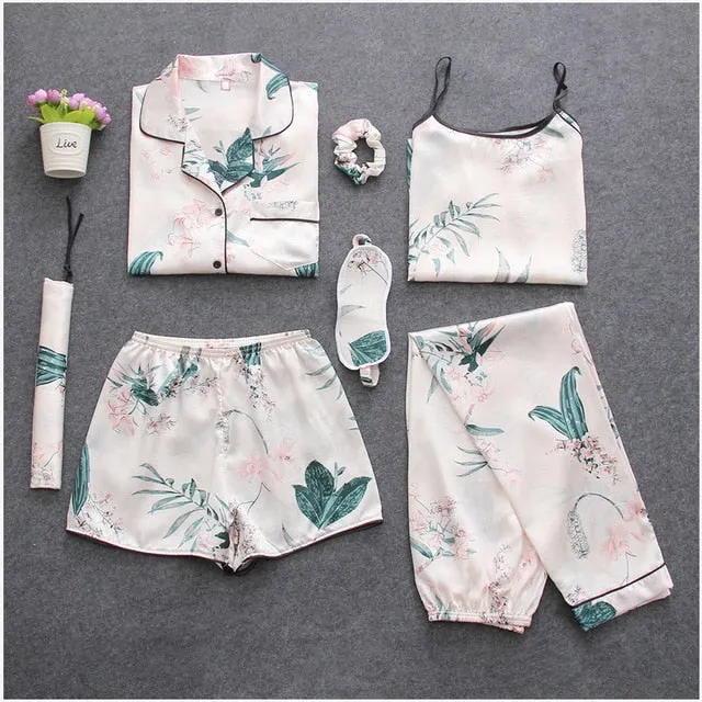 7 Pieces Womens Silk Satin Pajamas Sets Pyjamas Set Sleepwear Pijama Pajamas Suit Female Sleep Two Piece Set Loungewear
