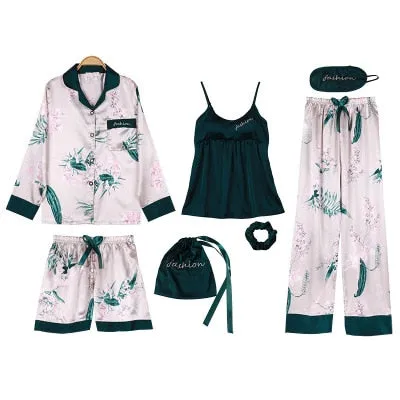 7 Pieces Womens Silk Satin Pajamas Sets Pyjamas Set Sleepwear Pijama Pajamas Suit Female Sleep Two Piece Set Loungewear