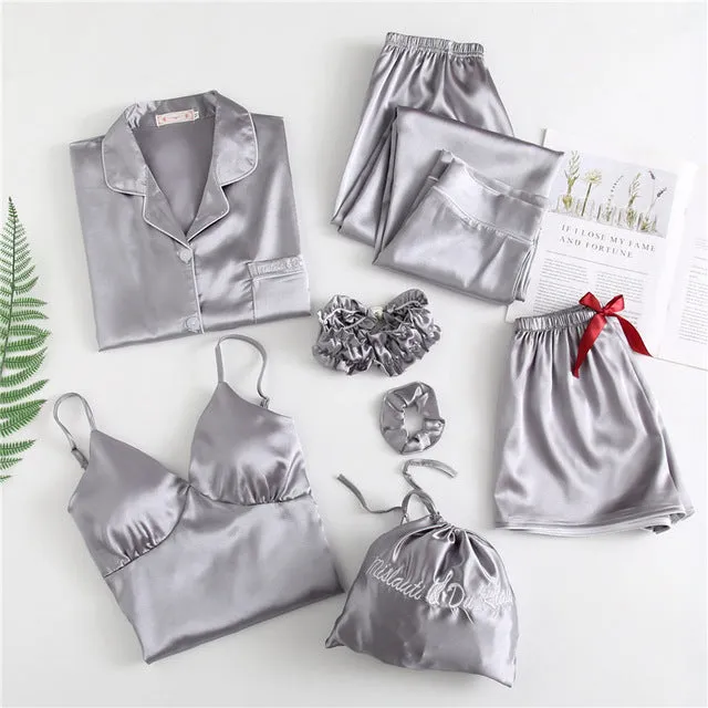 7 Pieces Womens Silk Satin Pajamas Sets Pyjamas Set Sleepwear Pijama Pajamas Suit Female Sleep Two Piece Set Loungewear