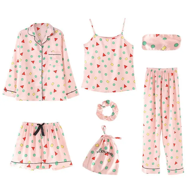 7 Pieces Womens Silk Satin Pajamas Sets Pyjamas Set Sleepwear Pijama Pajamas Suit Female Sleep Two Piece Set Loungewear