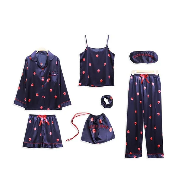 7 Pieces Womens Silk Satin Pajamas Sets Pyjamas Set Sleepwear Pijama Pajamas Suit Female Sleep Two Piece Set Loungewear