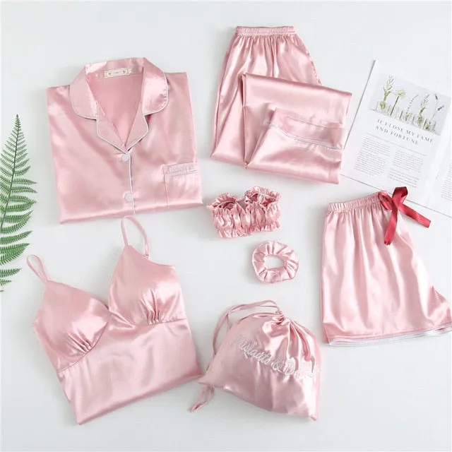 7 Pieces Womens Silk Satin Pajamas Sets Pyjamas Set Sleepwear Pijama Pajamas Suit Female Sleep Two Piece Set Loungewear
