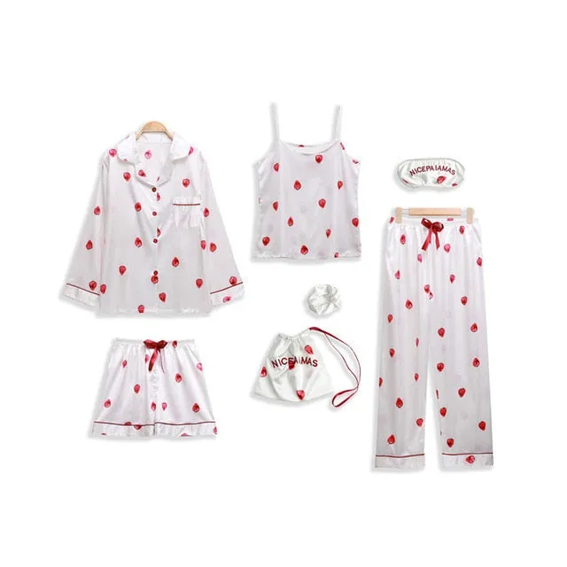 7 Pieces Womens Silk Satin Pajamas Sets Pyjamas Set Sleepwear Pijama Pajamas Suit Female Sleep Two Piece Set Loungewear