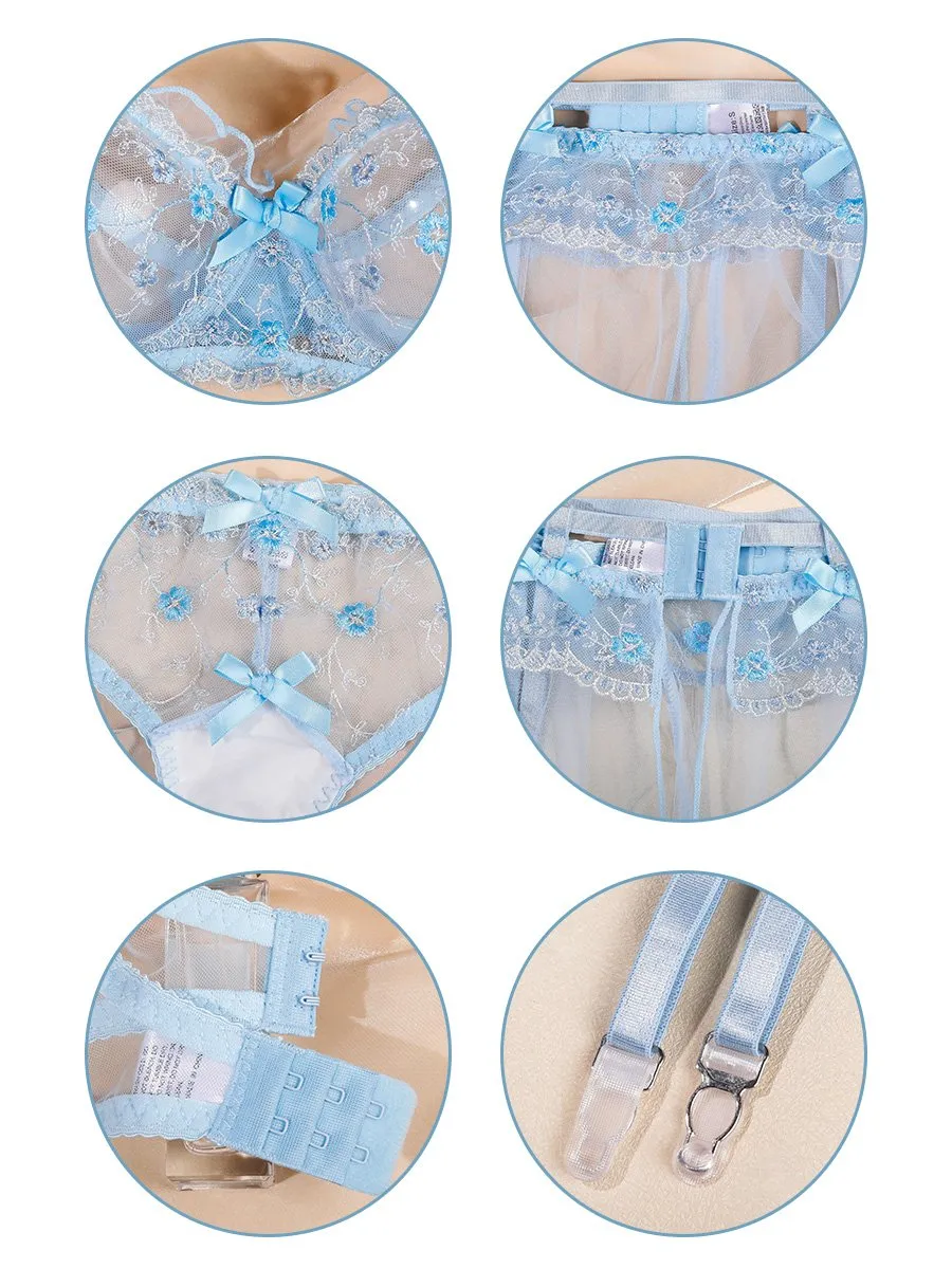 Blue Floral Lace Garter Belt Set