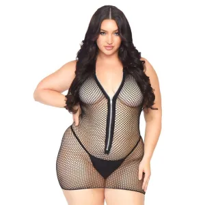 Fishnet zip up halter mini dress.