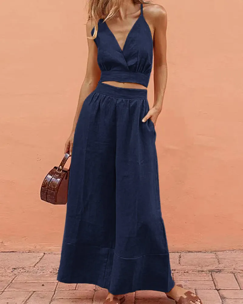 Lace-up Crop Tank Long Pants Sets