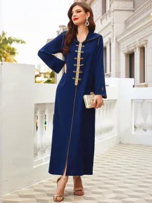 Navy Gold-rimmed Hand-sewn Diamond Hooded Robe ABAYA Muslim