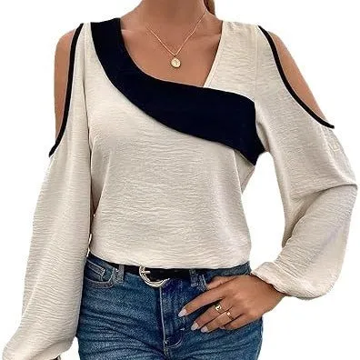 Off-the-shoulder Stitching Pullover Diagonal Collar Long Sleeve Loose Shirt
