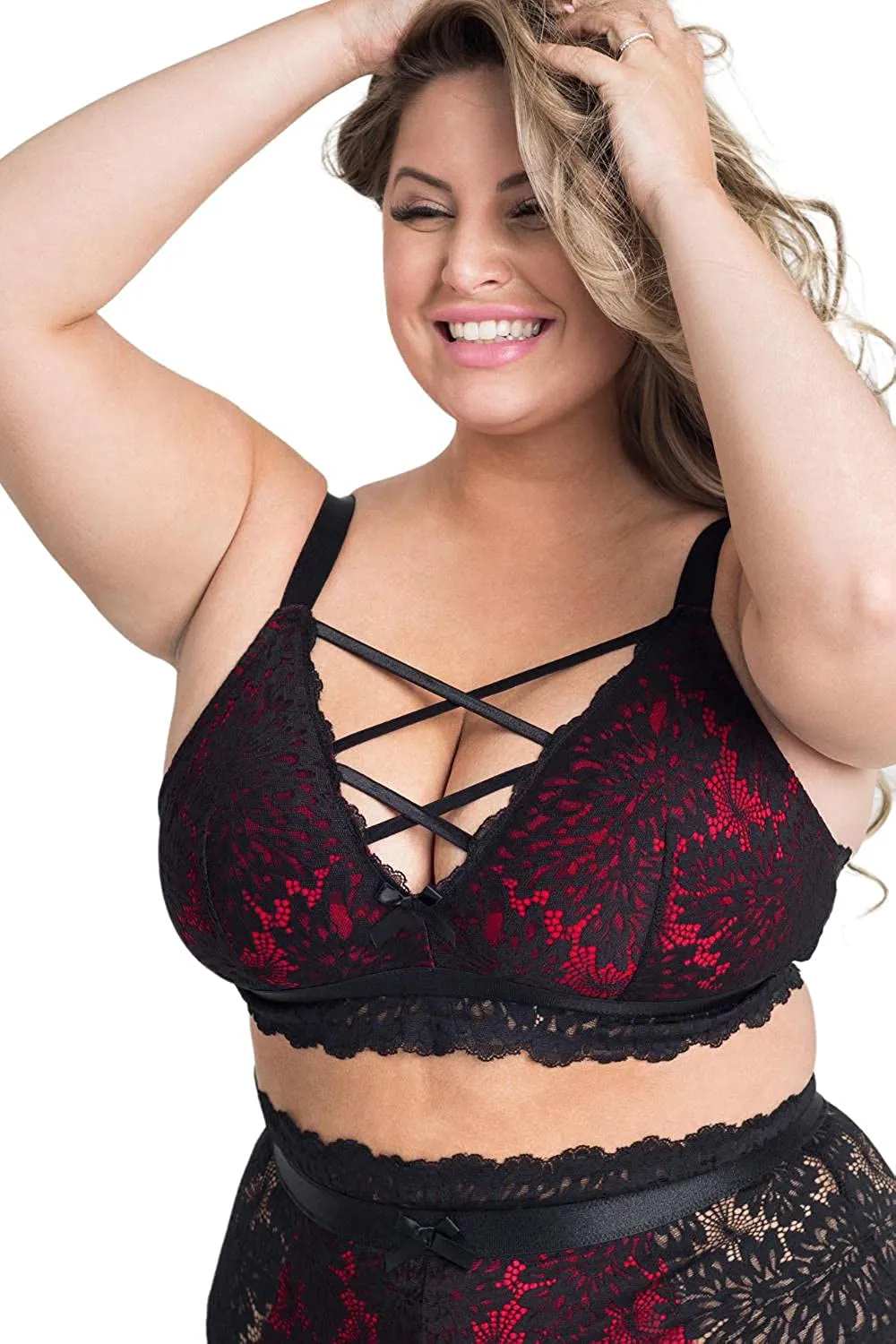 Plus Size Lingerie Set for Women. Sexy Luxe Criss-cross Bra Set Lace Cups Classic Underwear with High Waisted Suspender Thong