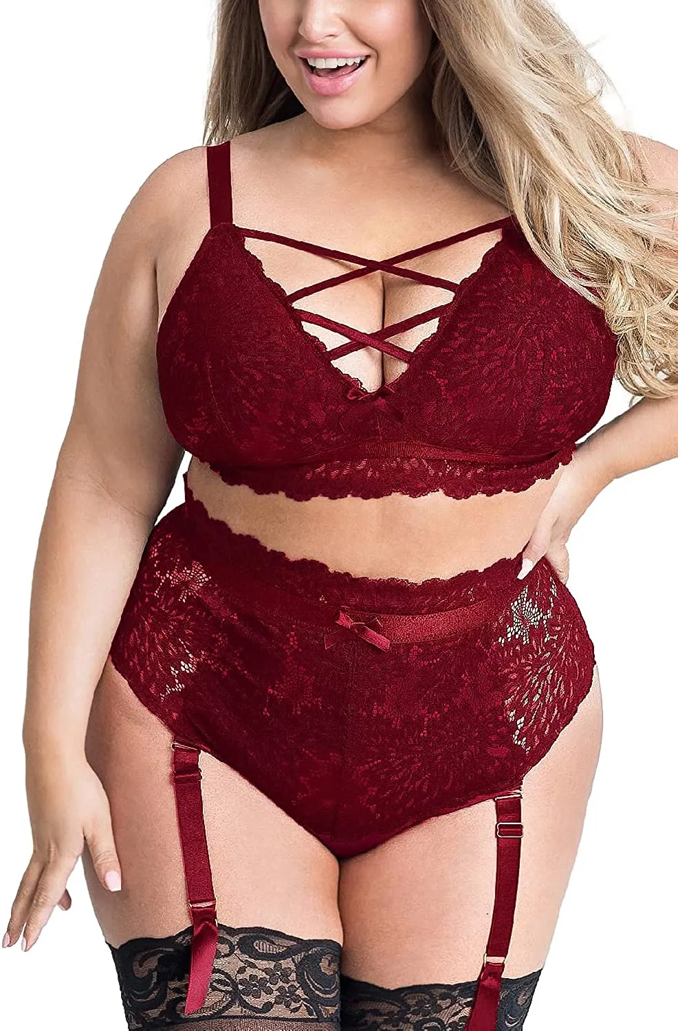 Plus Size Lingerie Set for Women. Sexy Luxe Criss-cross Bra Set Lace Cups Classic Underwear with High Waisted Suspender Thong