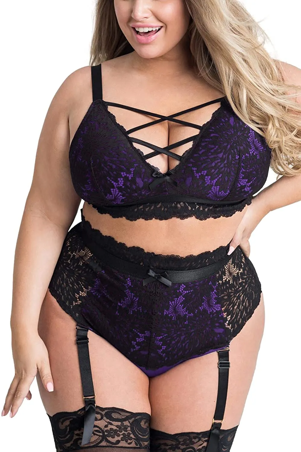 Plus Size Lingerie Set for Women. Sexy Luxe Criss-cross Bra Set Lace Cups Classic Underwear with High Waisted Suspender Thong