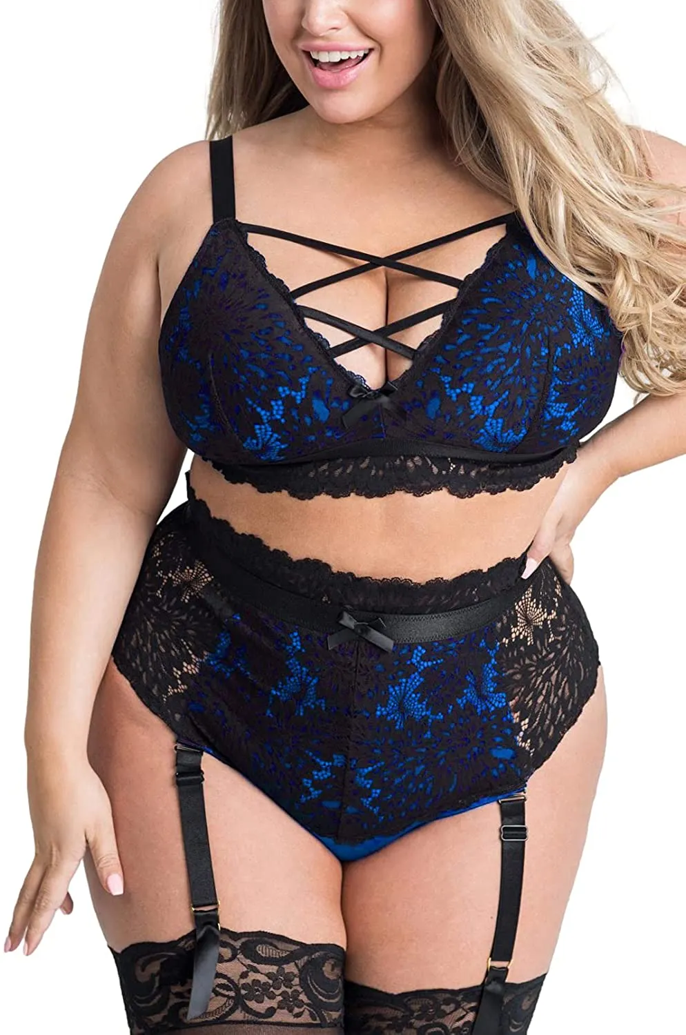 Plus Size Lingerie Set for Women. Sexy Luxe Criss-cross Bra Set Lace Cups Classic Underwear with High Waisted Suspender Thong