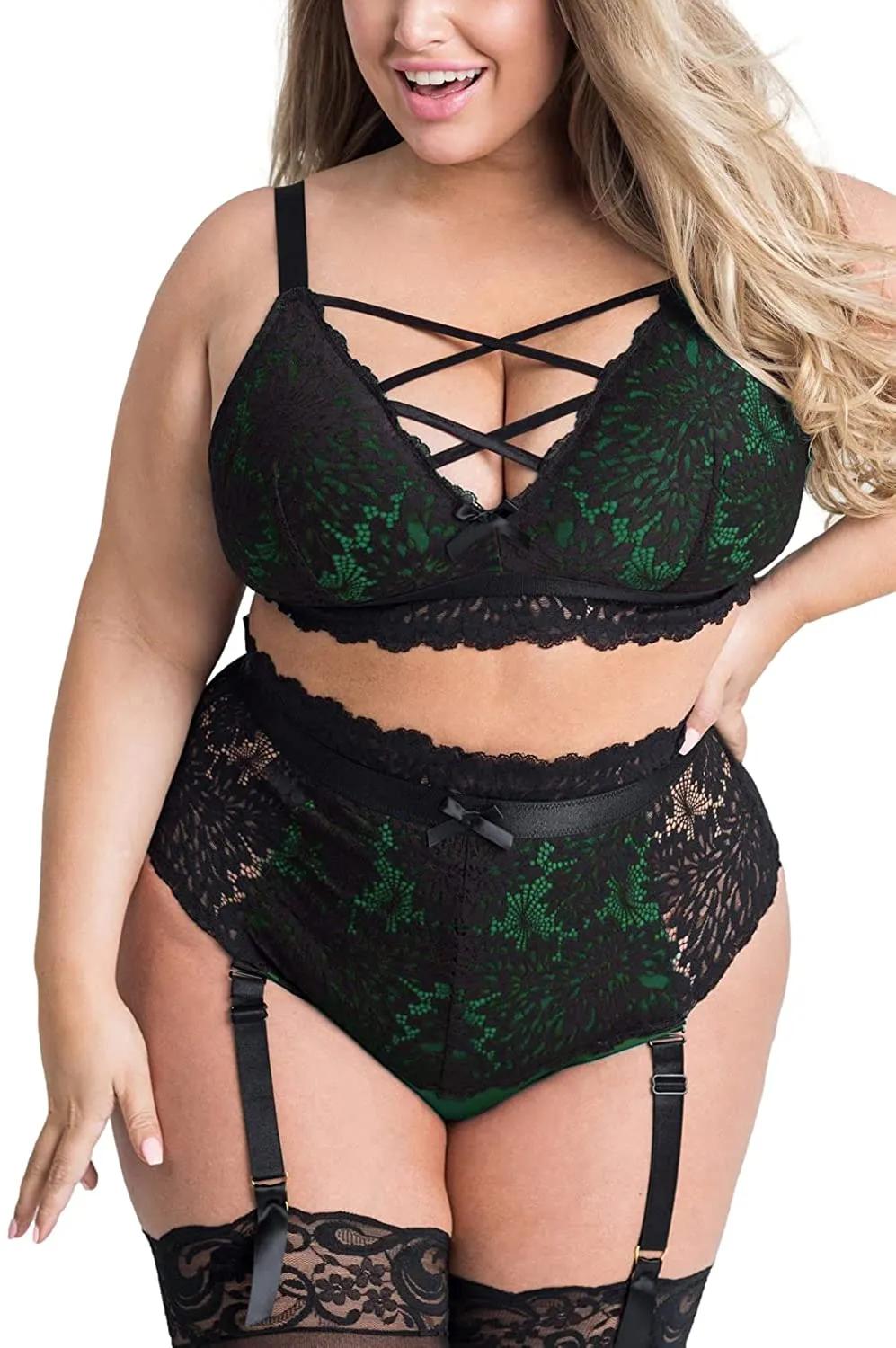 Plus Size Lingerie Set for Women. Sexy Luxe Criss-cross Bra Set Lace Cups Classic Underwear with High Waisted Suspender Thong