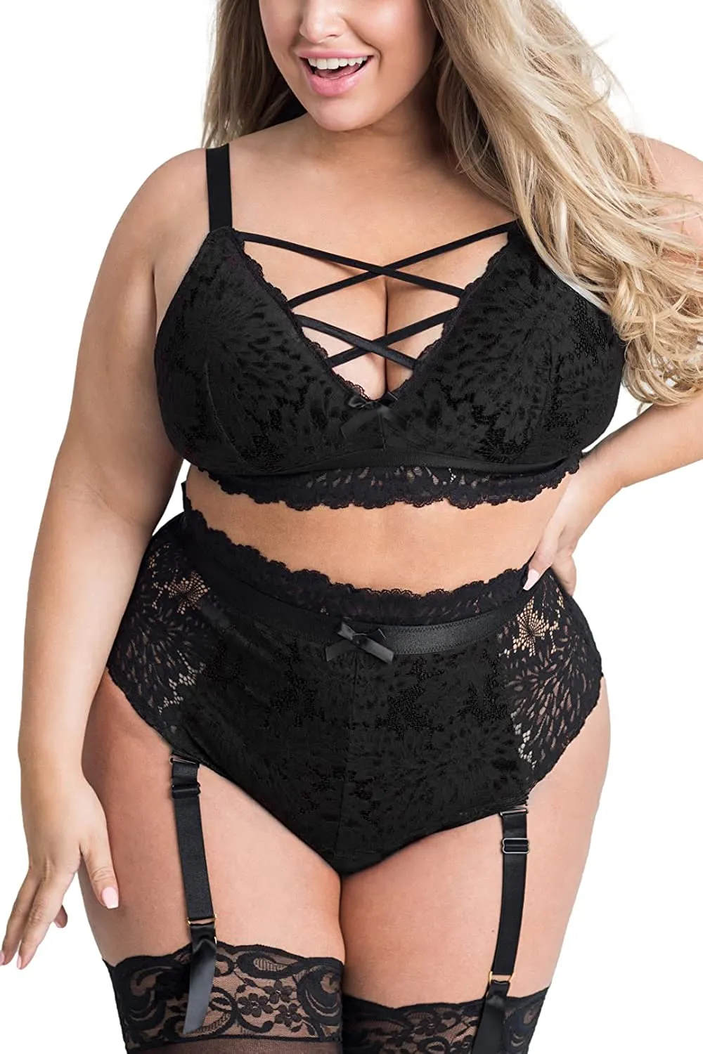 Plus Size Lingerie Set for Women. Sexy Luxe Criss-cross Bra Set Lace Cups Classic Underwear with High Waisted Suspender Thong