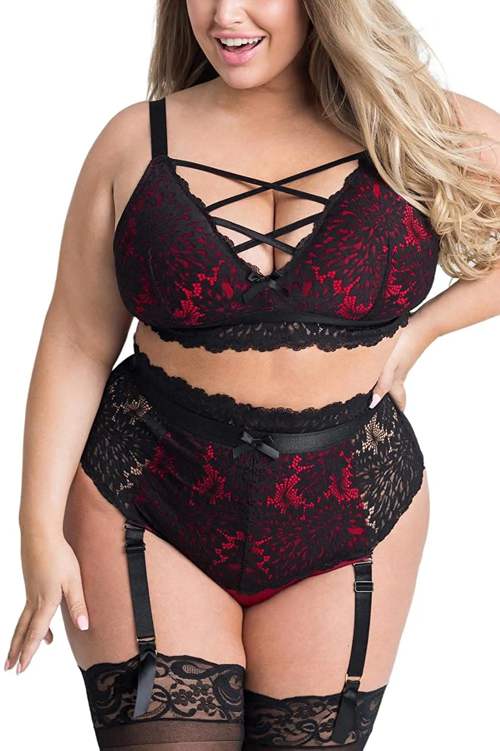 Plus Size Lingerie Set for Women. Sexy Luxe Criss-cross Bra Set Lace Cups Classic Underwear with High Waisted Suspender Thong