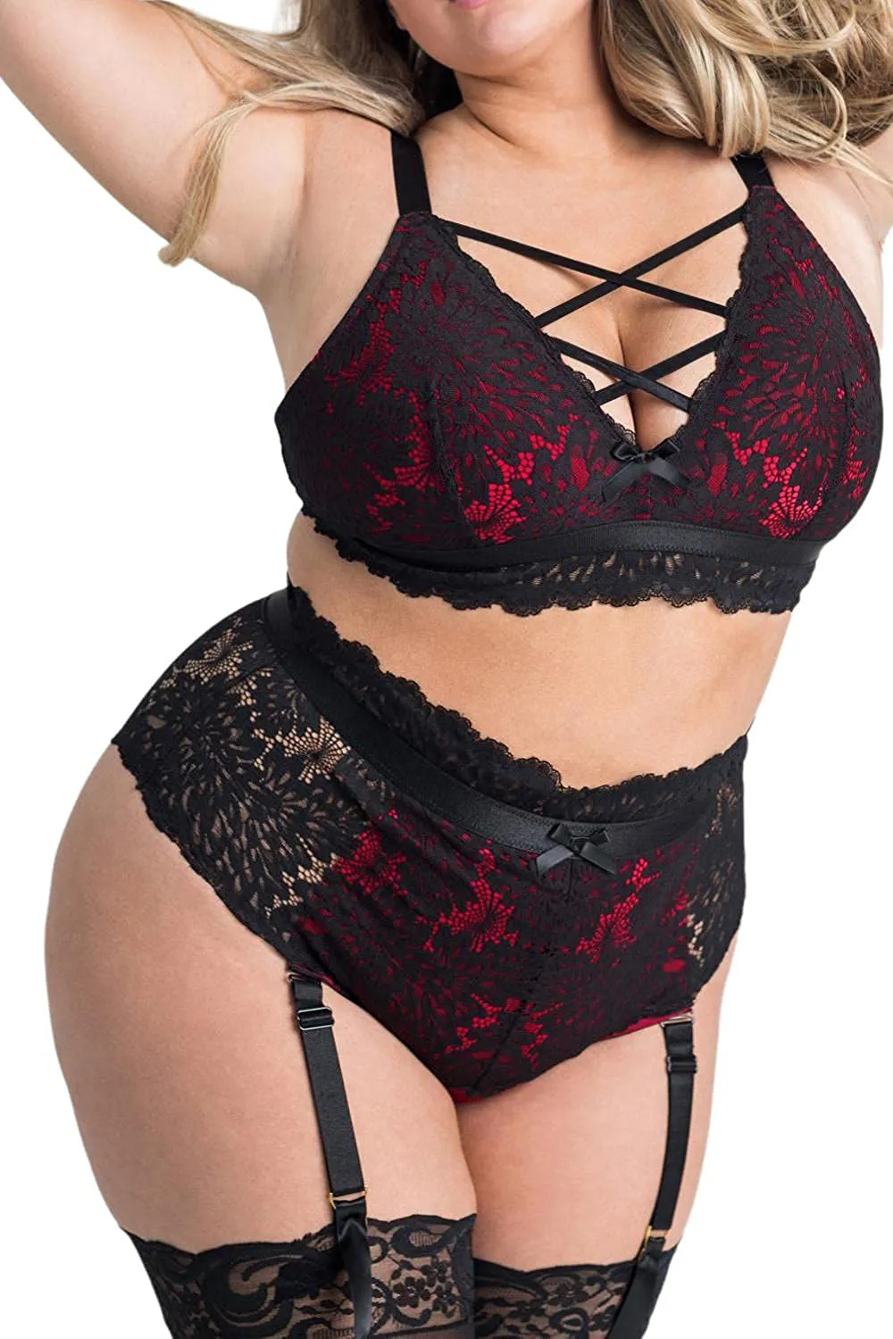 Plus Size Lingerie Set for Women. Sexy Luxe Criss-cross Bra Set Lace Cups Classic Underwear with High Waisted Suspender Thong