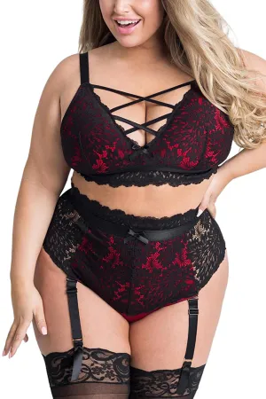Plus Size Lingerie Set for Women. Sexy Luxe Criss-cross Bra Set Lace Cups Classic Underwear with High Waisted Suspender Thong