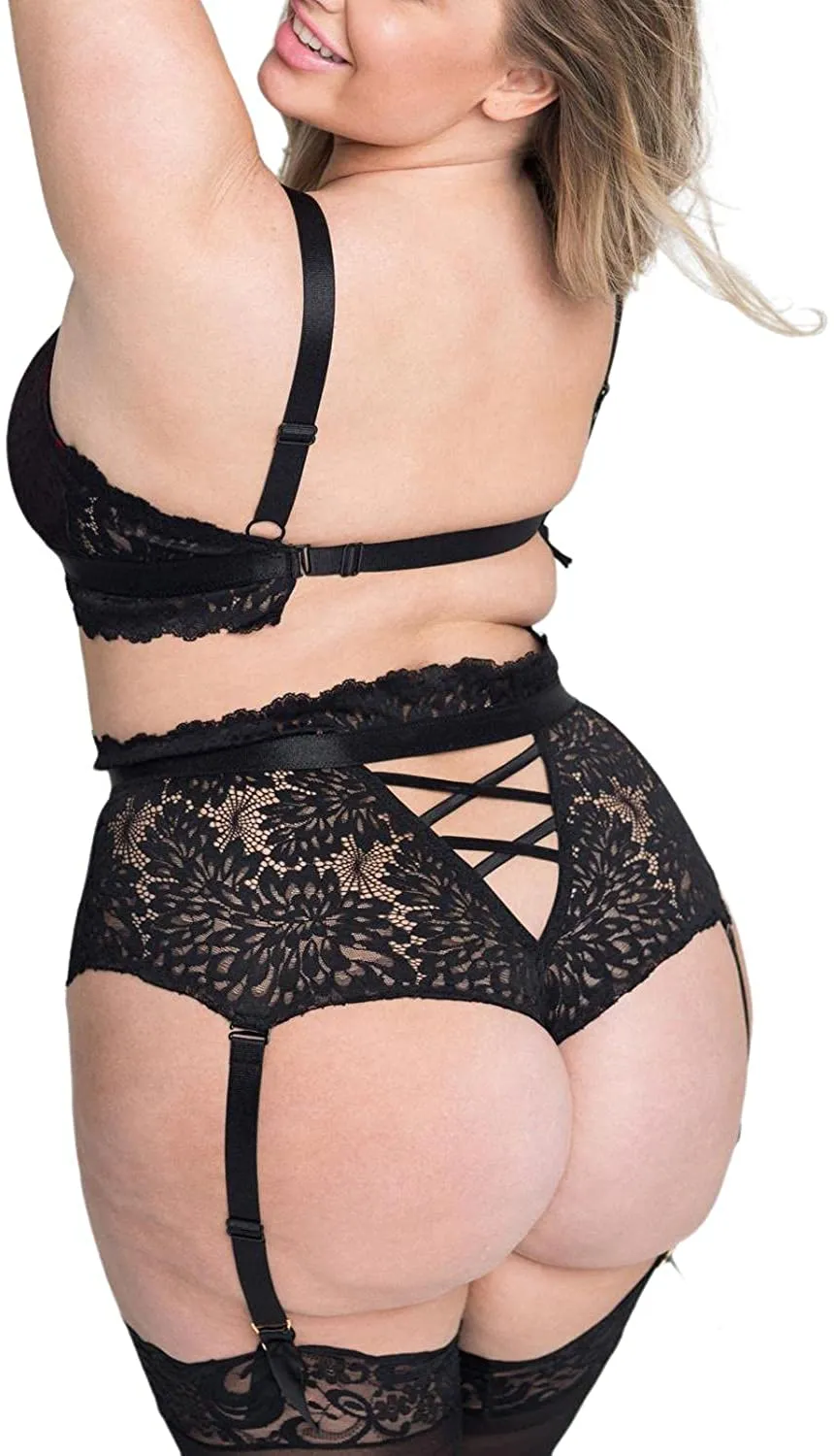Plus Size Lingerie Set for Women. Sexy Luxe Criss-cross Bra Set Lace Cups Classic Underwear with High Waisted Suspender Thong