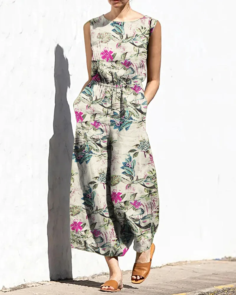 Printed Wide Leg Long Jumpsuit