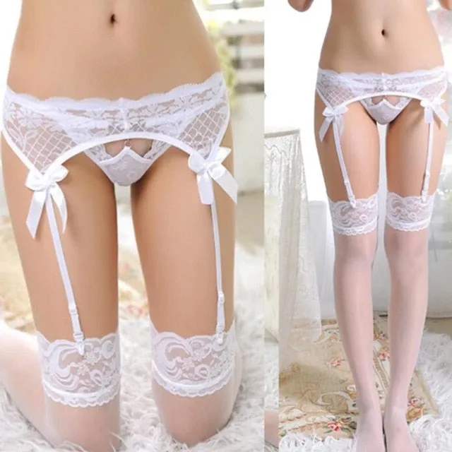 Sheer Lace Ligas Sexy Top Thigh Highs Garter Belt Stockings Bondage Lingerie Garter Belt Suspender Set