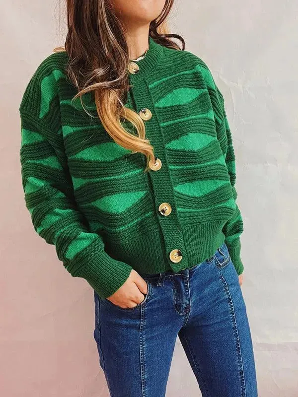 Striped Contrast Crewneck Short Cardigan