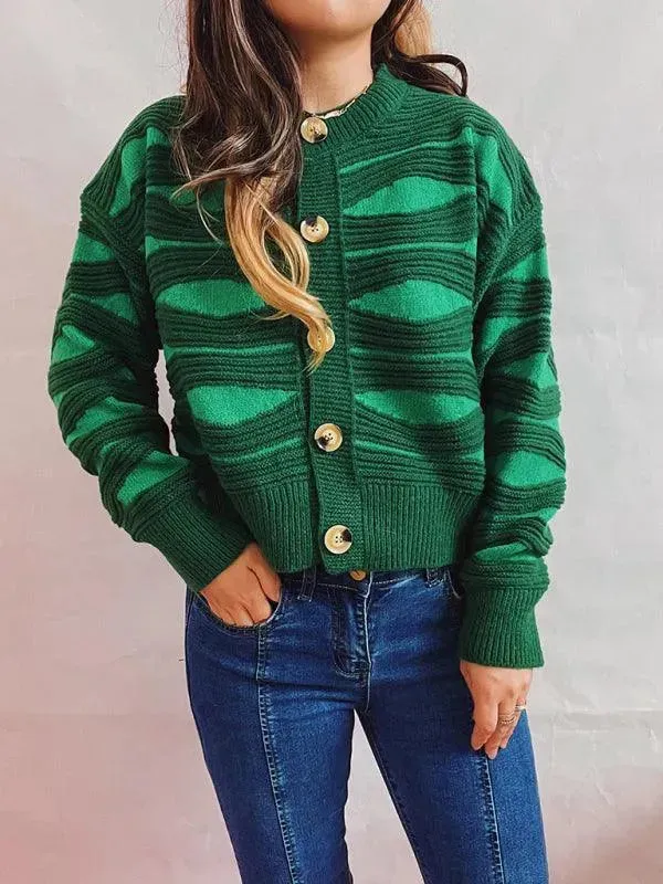 Striped Contrast Crewneck Short Cardigan
