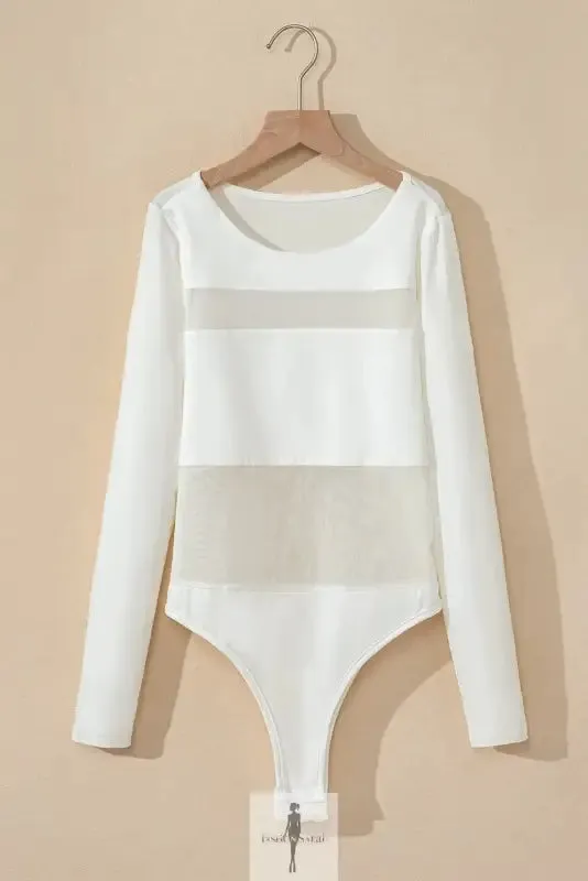 White Mesh Patchwork Long Sleeve Bodysuit