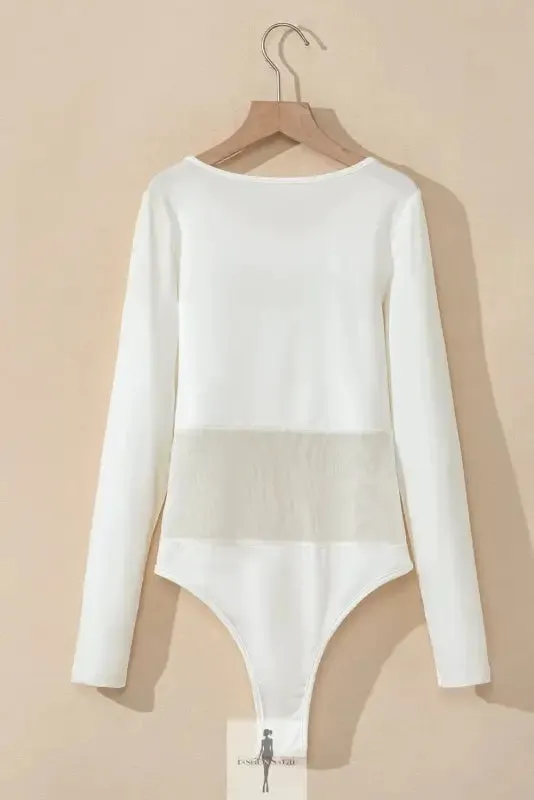 White Mesh Patchwork Long Sleeve Bodysuit