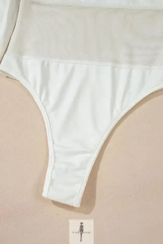 White Mesh Patchwork Long Sleeve Bodysuit