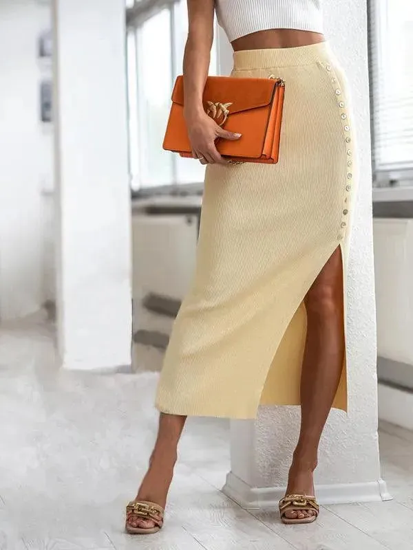 Women's Button Sheath Midi Skirt with Slit