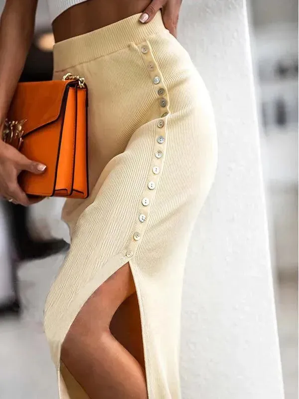 Women's Button Sheath Midi Skirt with Slit
