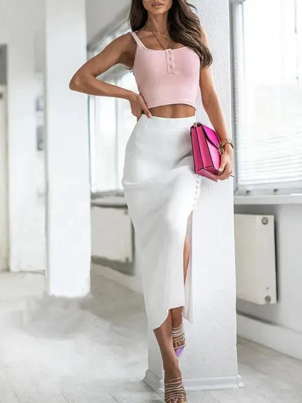 Women's Button Sheath Midi Skirt with Slit
