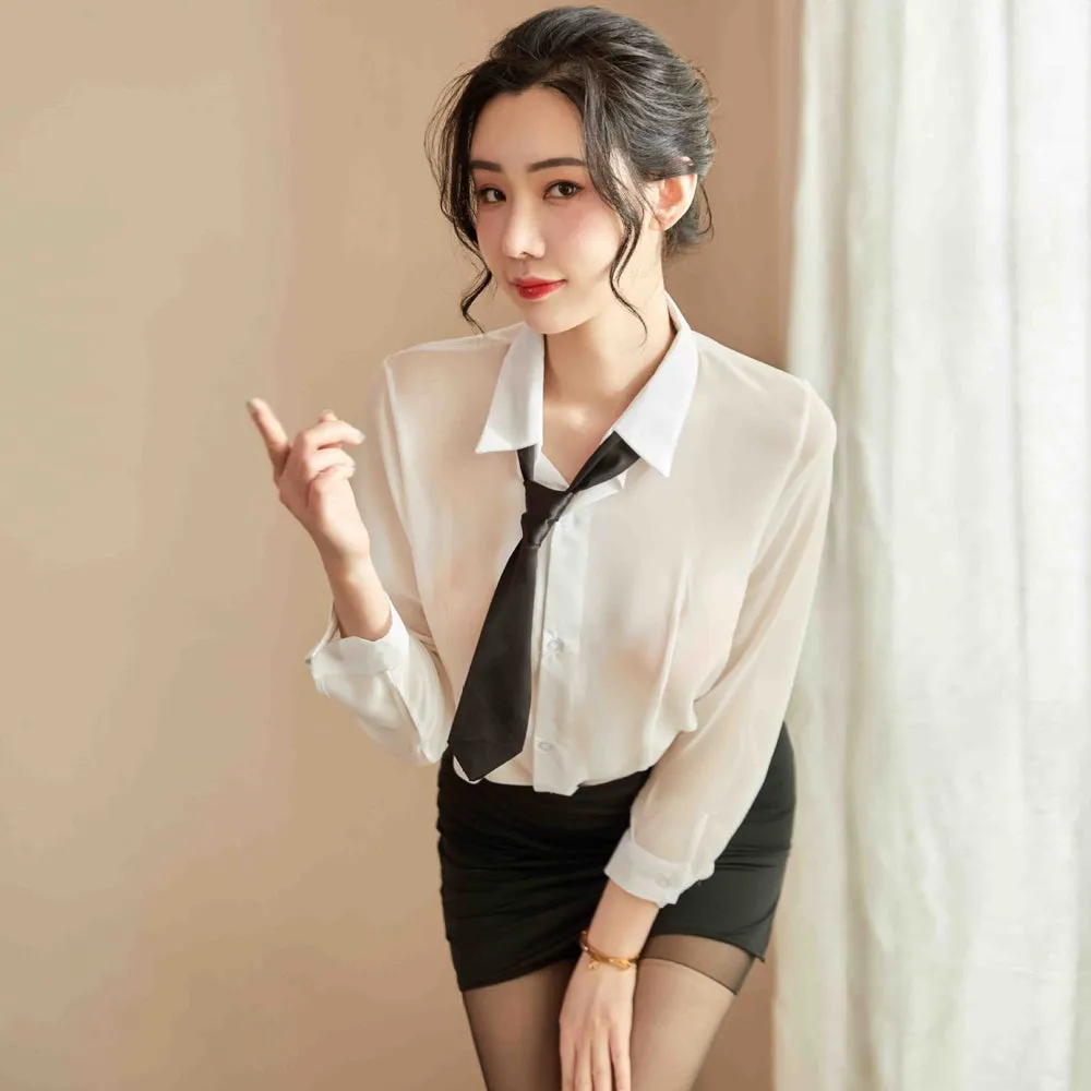 Yomorio Sexy Accountant Outfit Set White Shirt with Black Mini Skirt Teacher Cosplay Costume